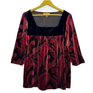 Y2K Vintage Velvet Floral Paisley Top 1X Red Black Grunge Vamp Witchy Whimsigoth